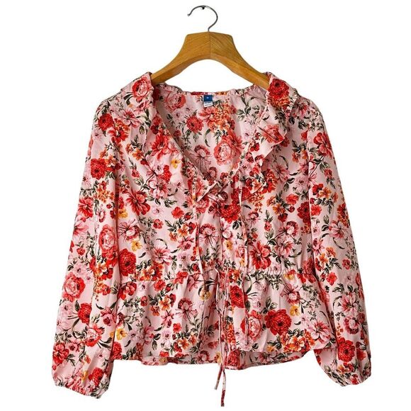 Old Navy Top XL Floral Boho Peasant Blouse Puff Sleeve Ruffle Bloomcore NWT - Picture 1 of 13